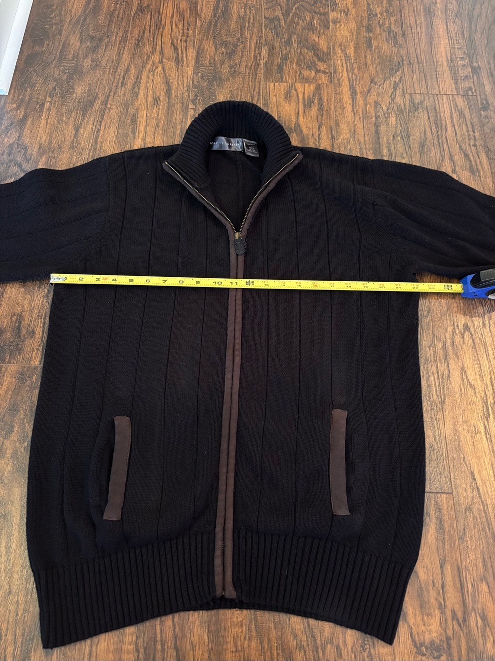 Oscar de la Renta Black Full-Zip Ribbed Knit Sweater 100% Cotton Academia Large - Picture 8 of 9